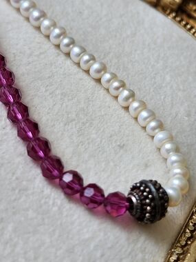 Artisan Amethyst Gemstones And Freshwater  White Pearl Necklace Sterling Silver